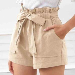 Women's Paperbag belted khaki shorts